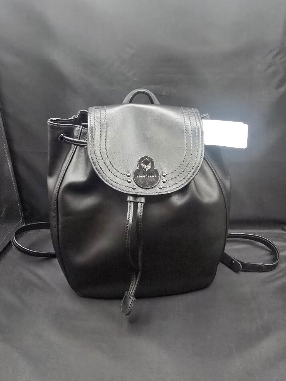 Longchamp Leather Flap Cavalcade Backpack Black